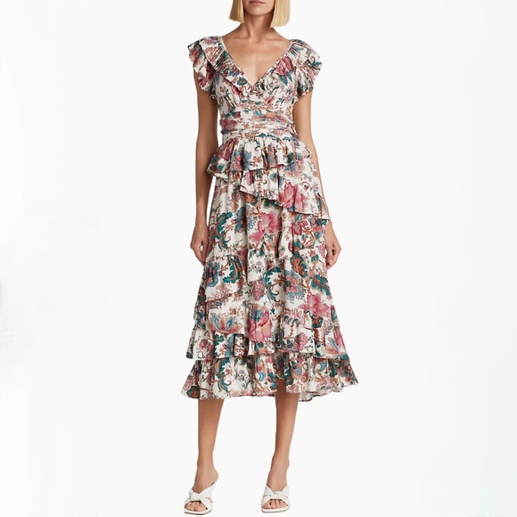 Love The Label Lillie White Print Tiered Open-Back Dress US8 NWT - Picture 2 of 12